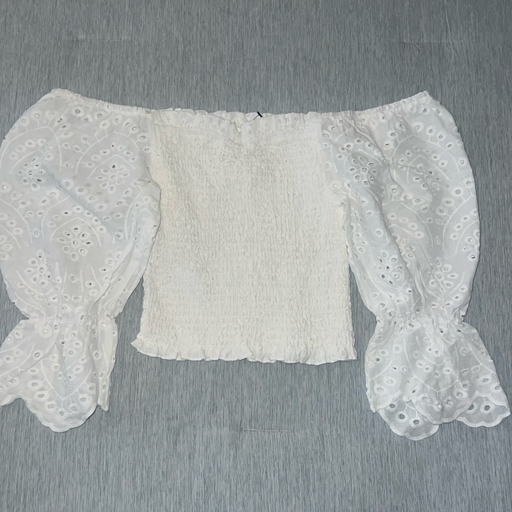 NWT  White Smocked Lace Wide Square Neck Blouse...